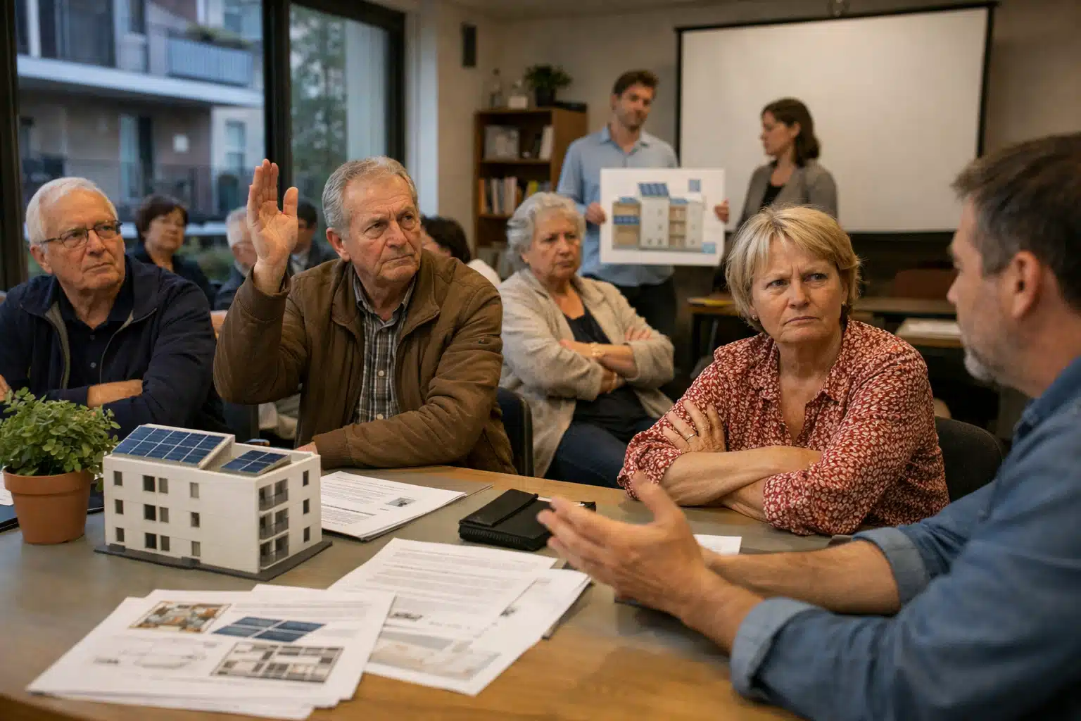 Personne âgée levant la main lors d'une réunion publique