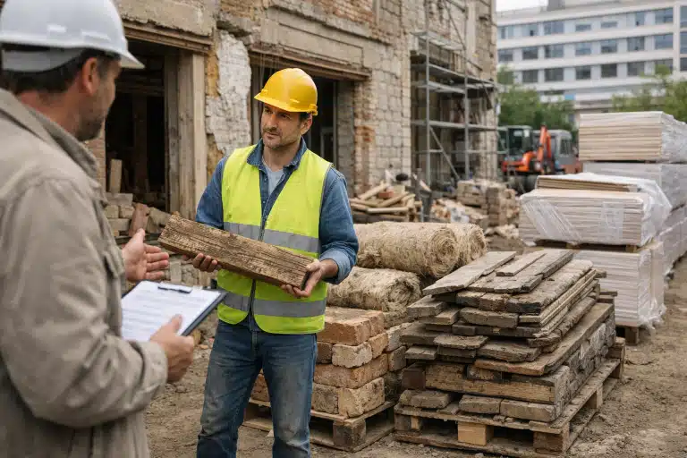 Ouvrier de chantier portant casque et gilet tenant une planche