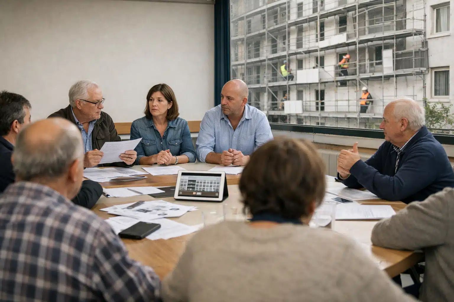 Participants discutant autour d'une table de réunion