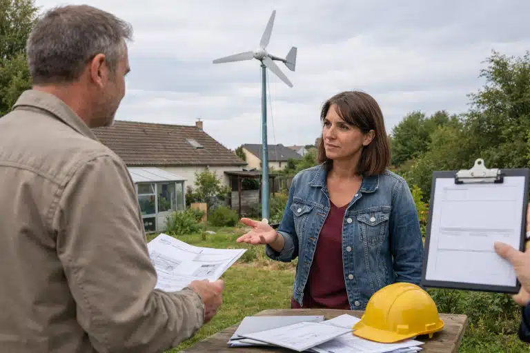 Deux personnes discutent près d'une petite éolienne domestique
