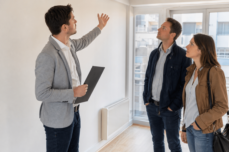 Agent immobilier montrant un appartement à un couple