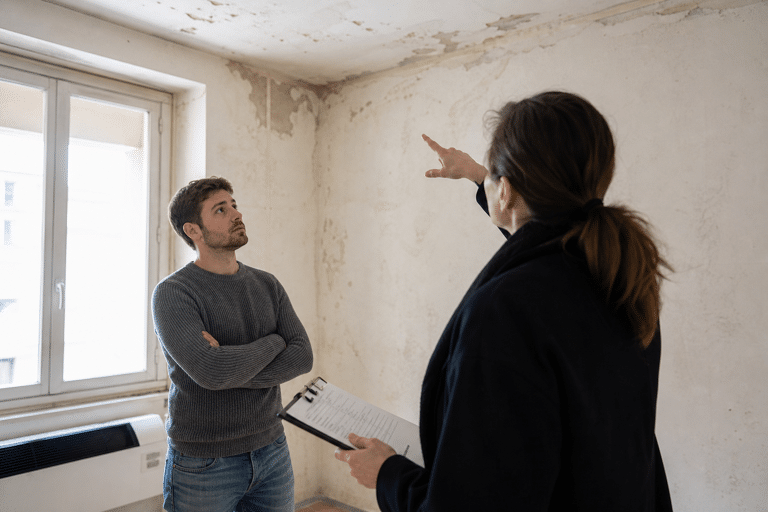 Professionnel montrant des traces d'humidité au plafond