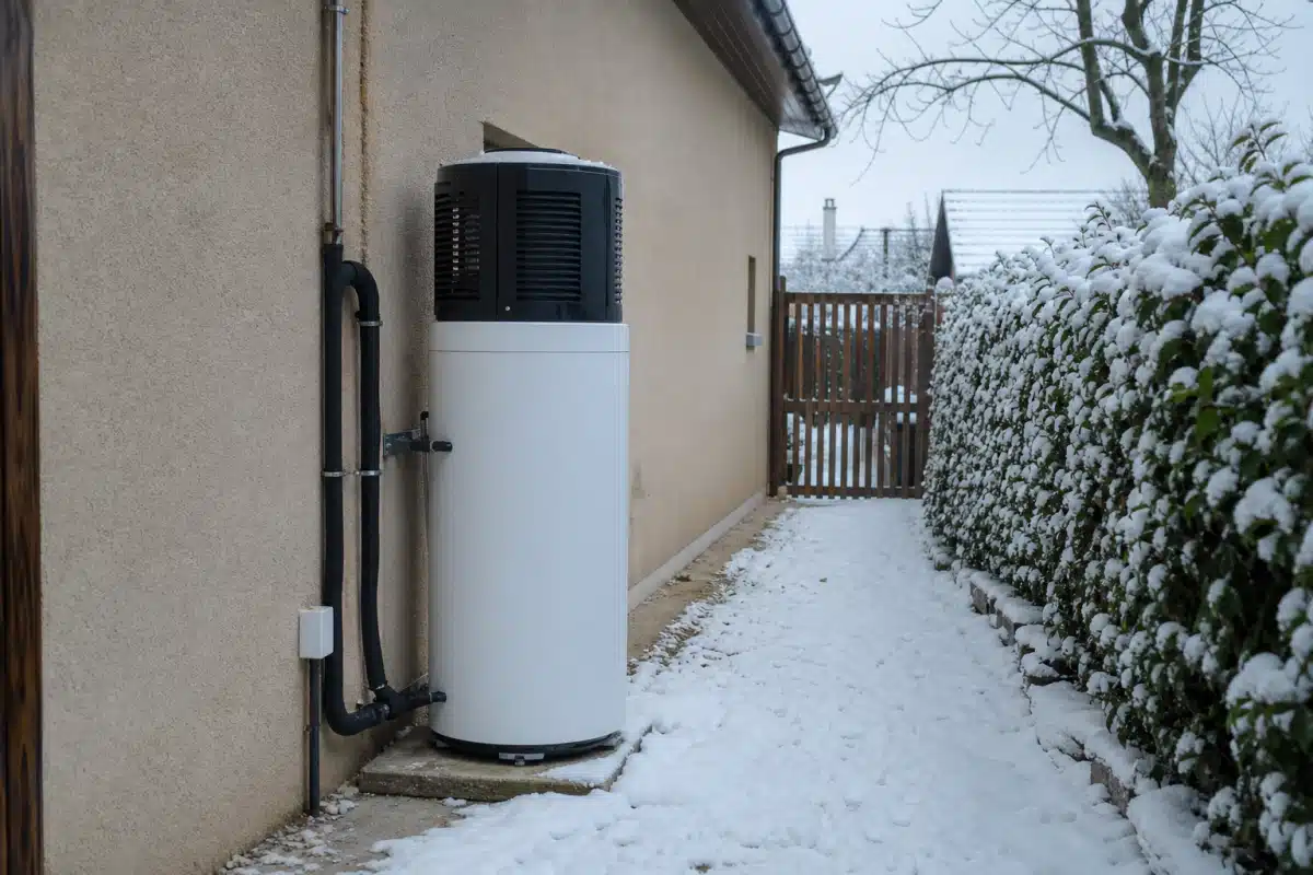 Chauffe-eau thermodynamique installé près d'une maison enneigée