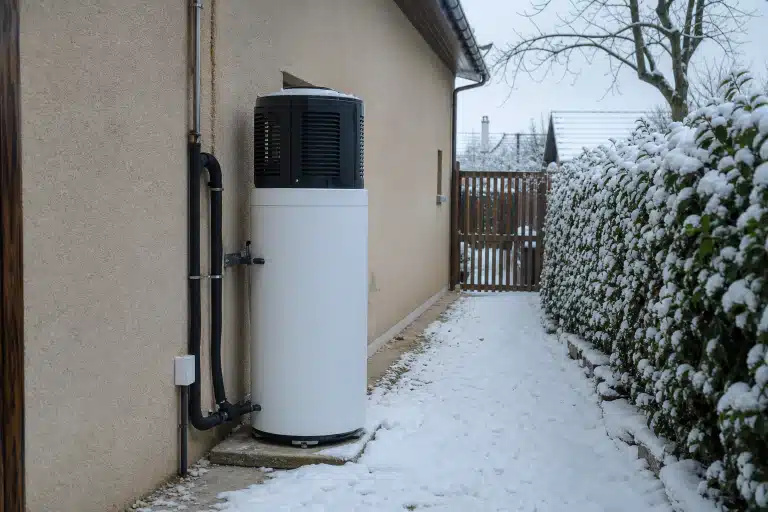 Chauffe-eau thermodynamique installé près d'une maison enneigée