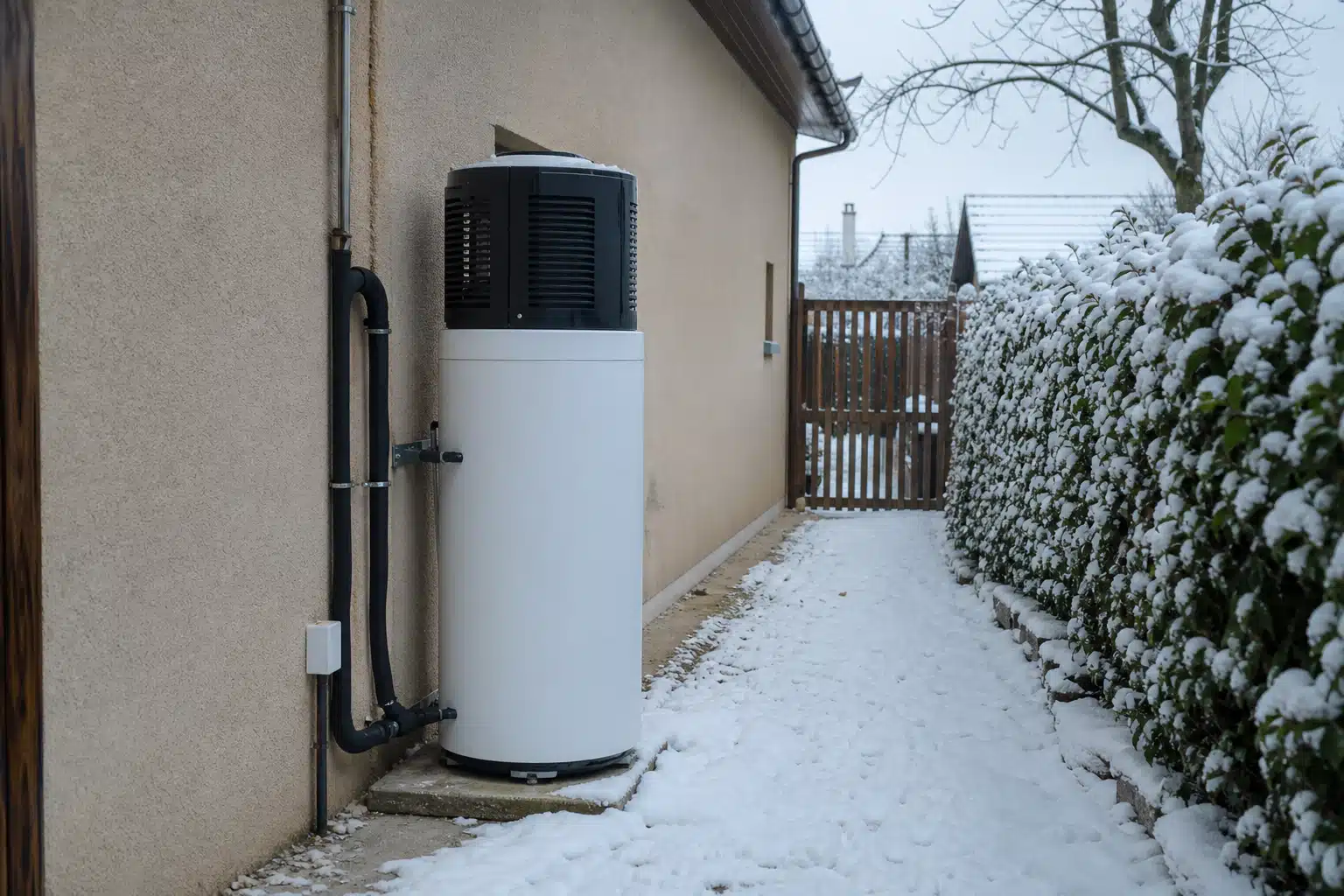 Chauffe-eau thermodynamique installé près d'une maison enneigée
