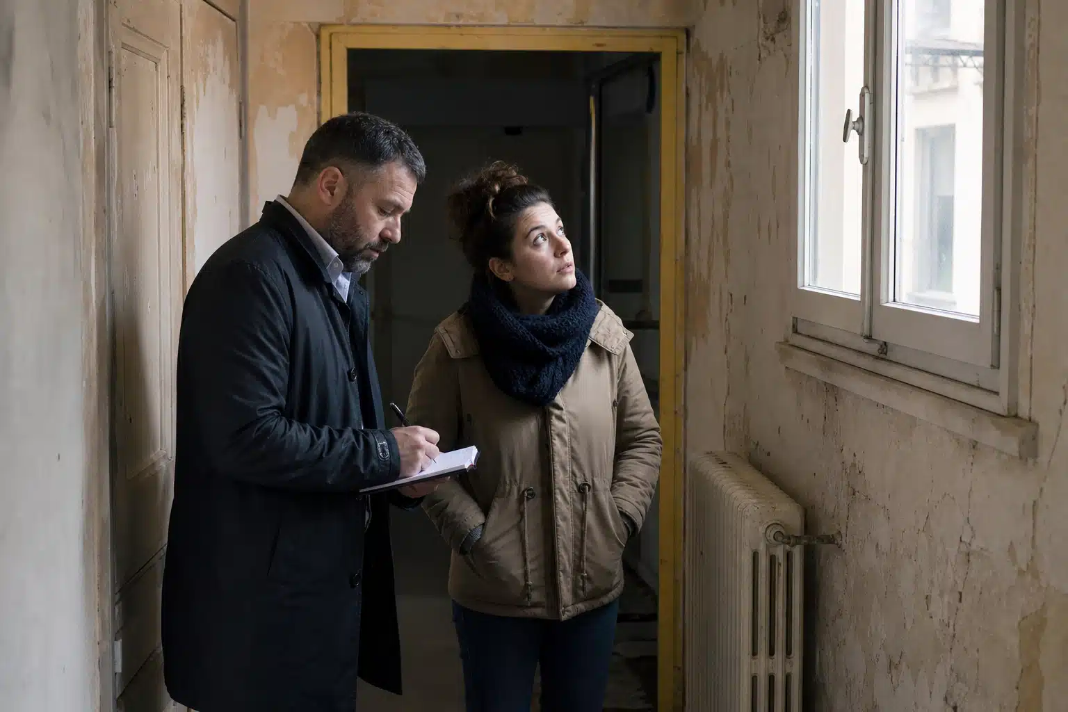 Homme prenant des notes, femme observant murs abîmés