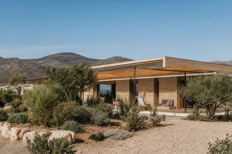 Maison en bois moderne entourée de plantes désertiques