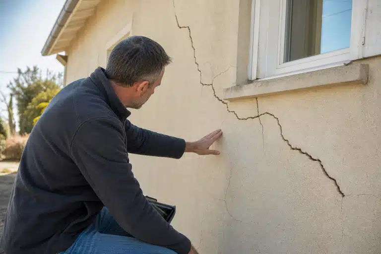 Homme examinant une fissure importante sur la façade
